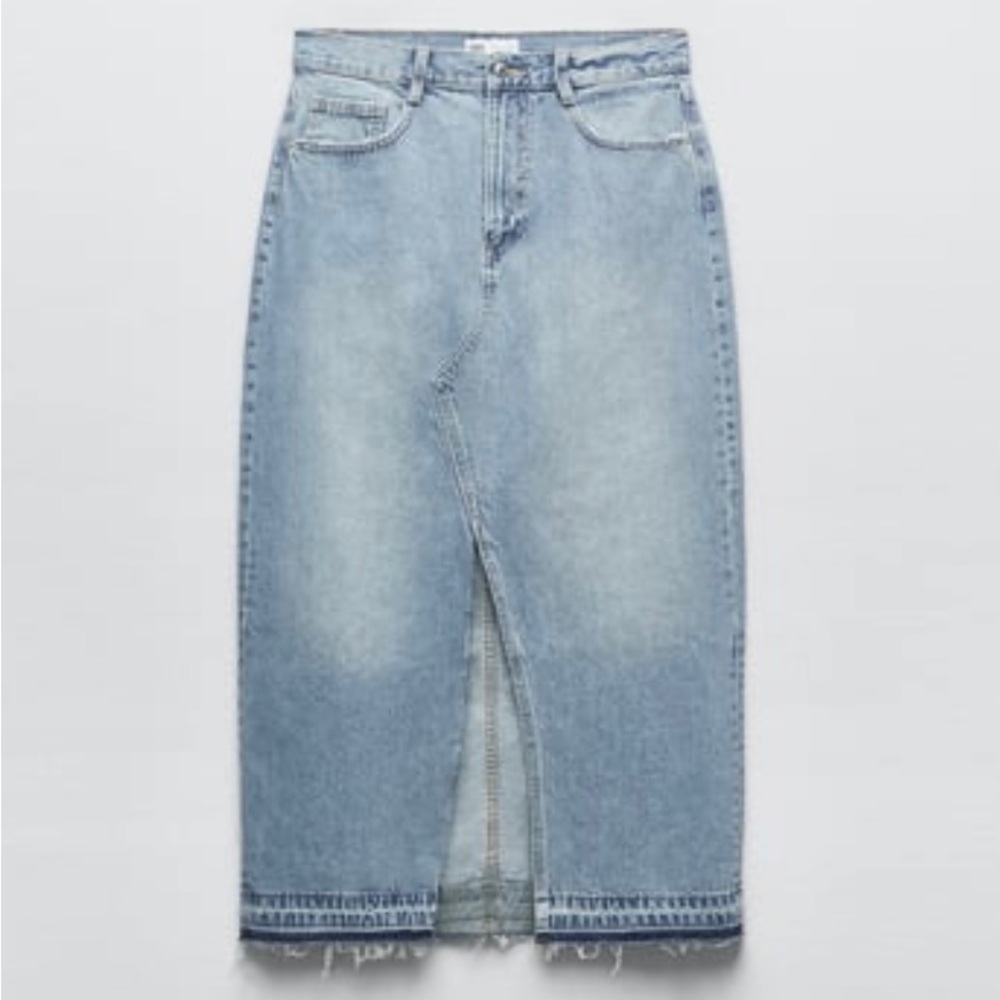 Zara Raw Hem Midi Denim Skirt- Size S